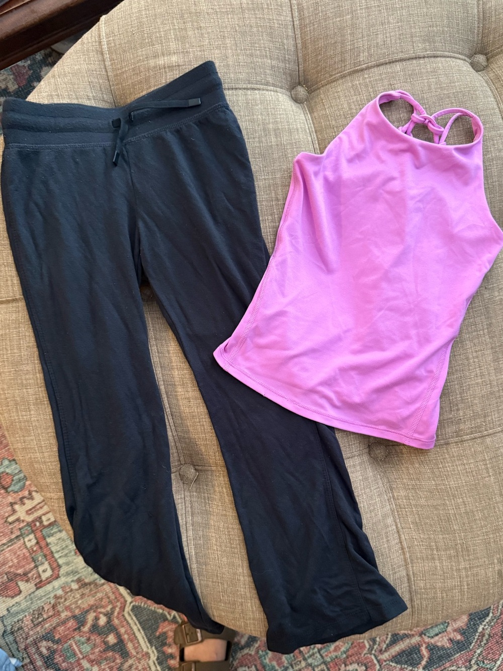 All in Motion Black Flared Leggings w/Violet Braided Back Active Tank